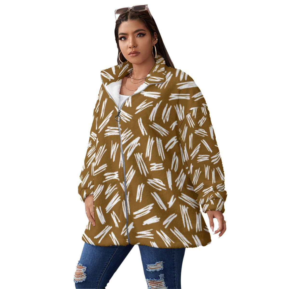 All-Over Print Unisex Borg Fleece Stand-up Collar Coat With Zipper Closure(Plus Size)