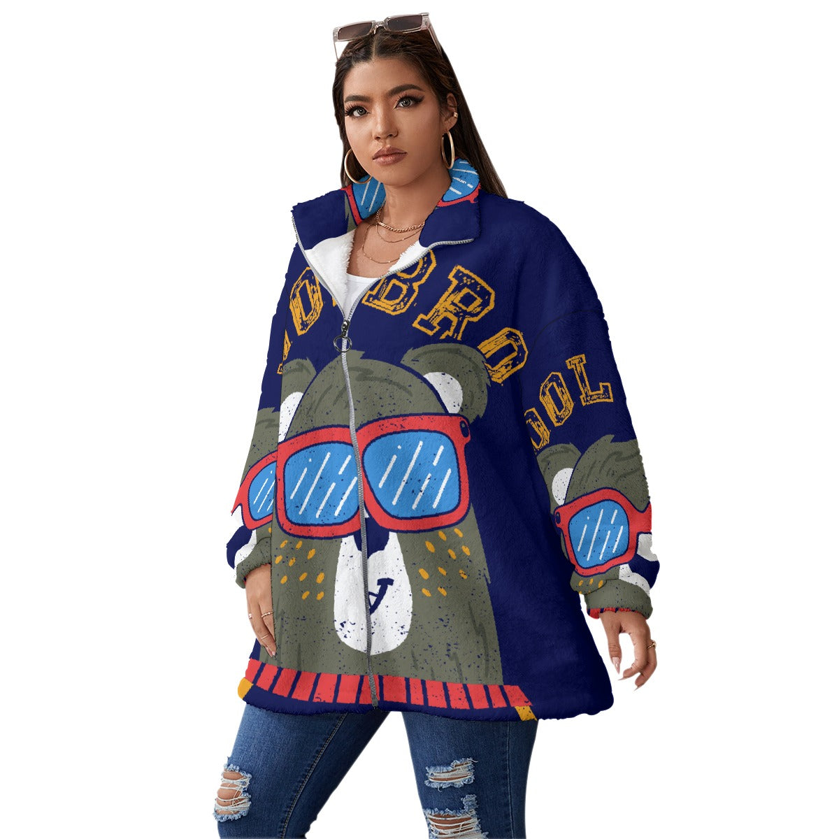 All-Over Print Unisex Borg Fleece Stand-up Collar Coat With Zipper Closure(Plus Size)