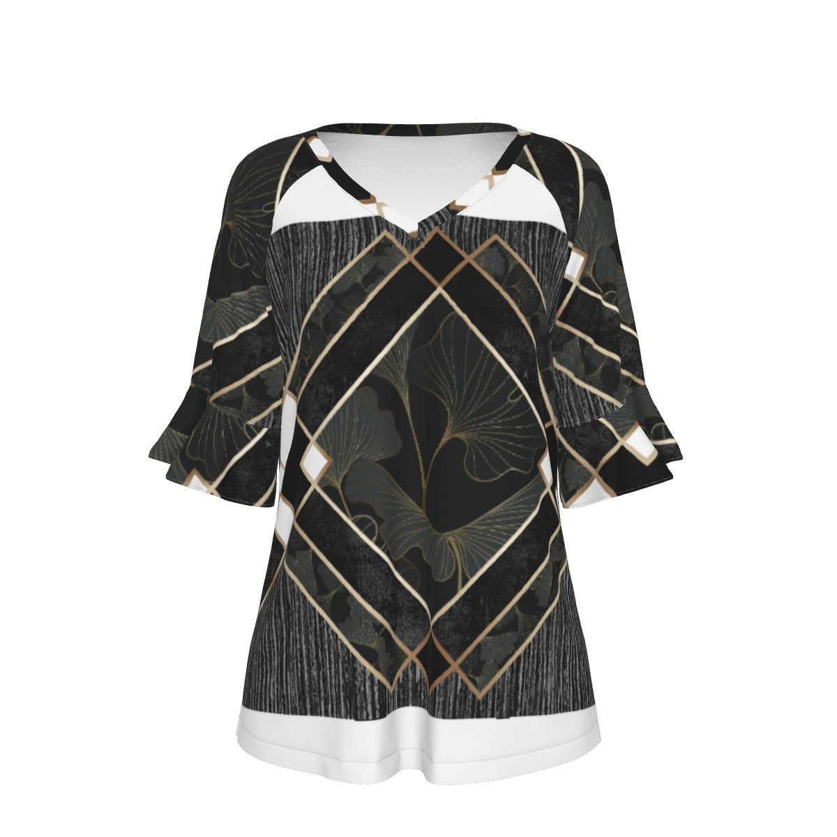 All-Over Print V-neck Women's T-shirt With Bell Sleeve