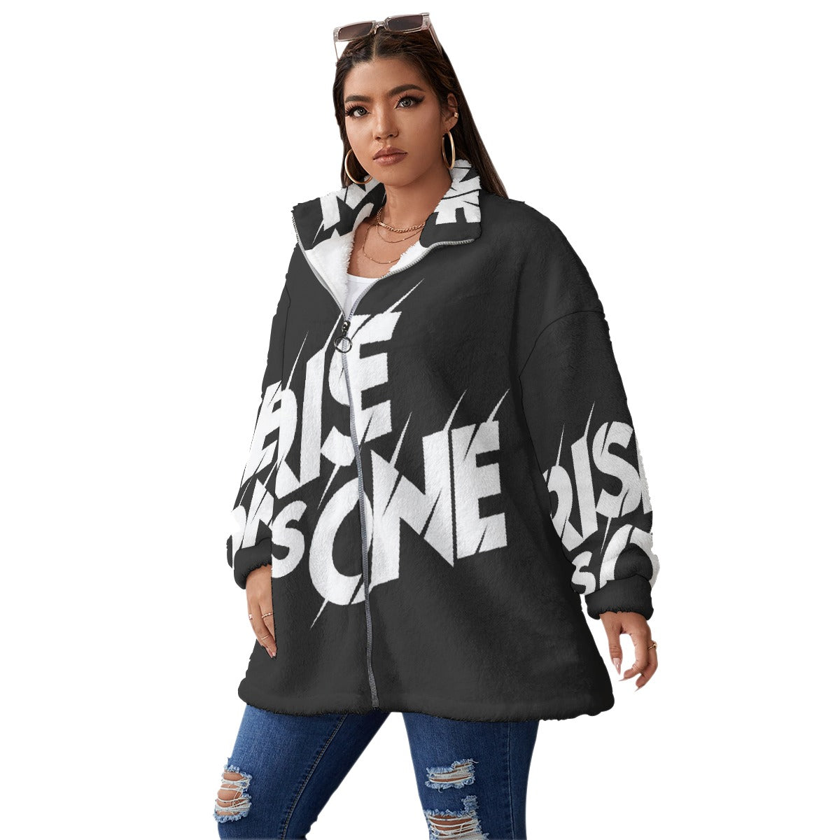 All-Over Print Unisex Borg Fleece Stand-up Collar Coat With Zipper Closure(Plus Size)