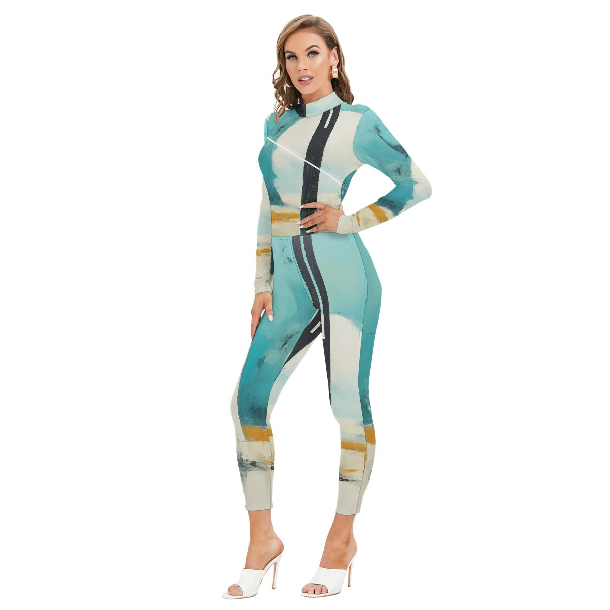 All-Over Print Women's Long-sleeved High-neck Jumpsuit With Zipper