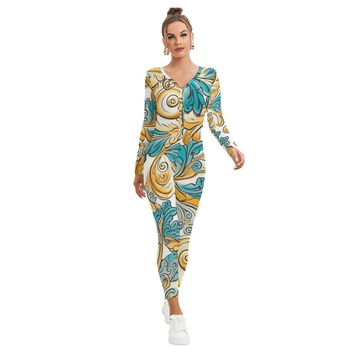 All-Over Print Women's Plunging Neck Jumpsuit