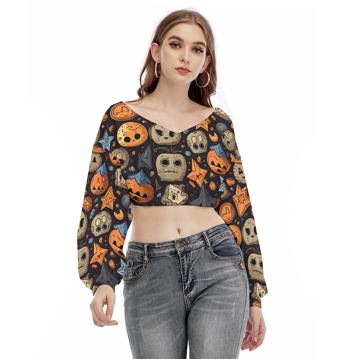 All-Over Print Women's V-neck Long Sleeve Cropped Sweatshirt