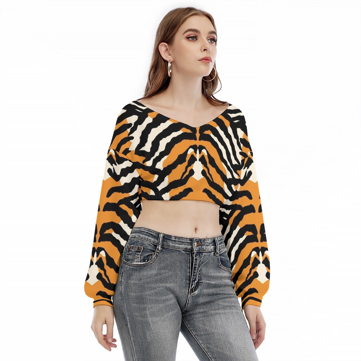 All-Over Print Women's V-neck Long Sleeve Cropped Sweatshirt
