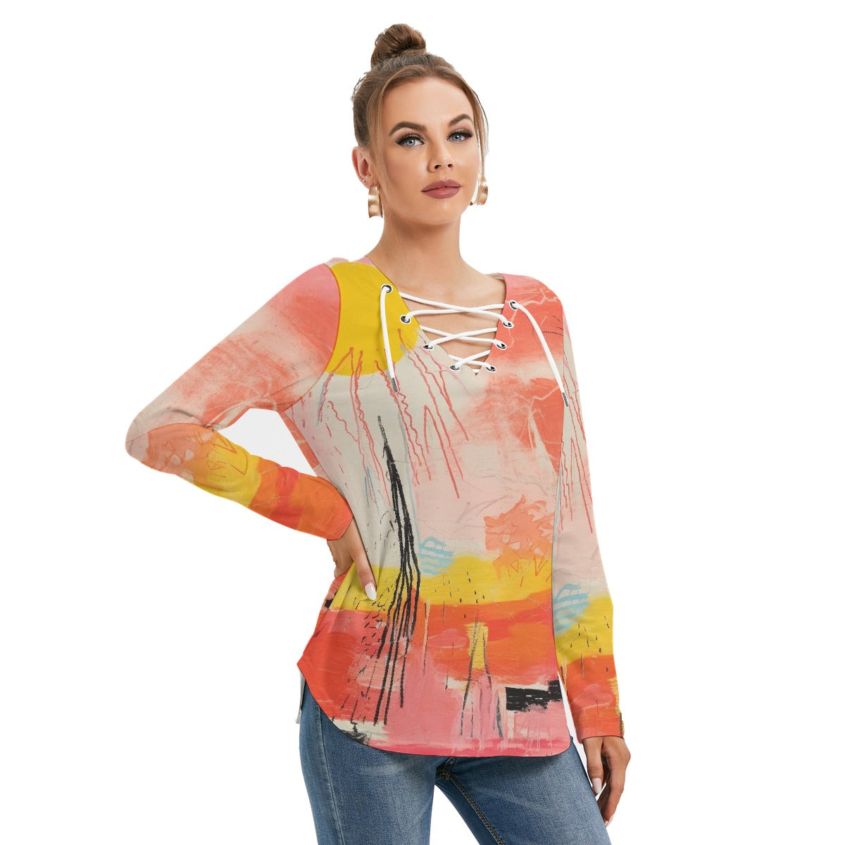 All-Over Print Women's Long Sleeve Neckline Tie Sweatshirt