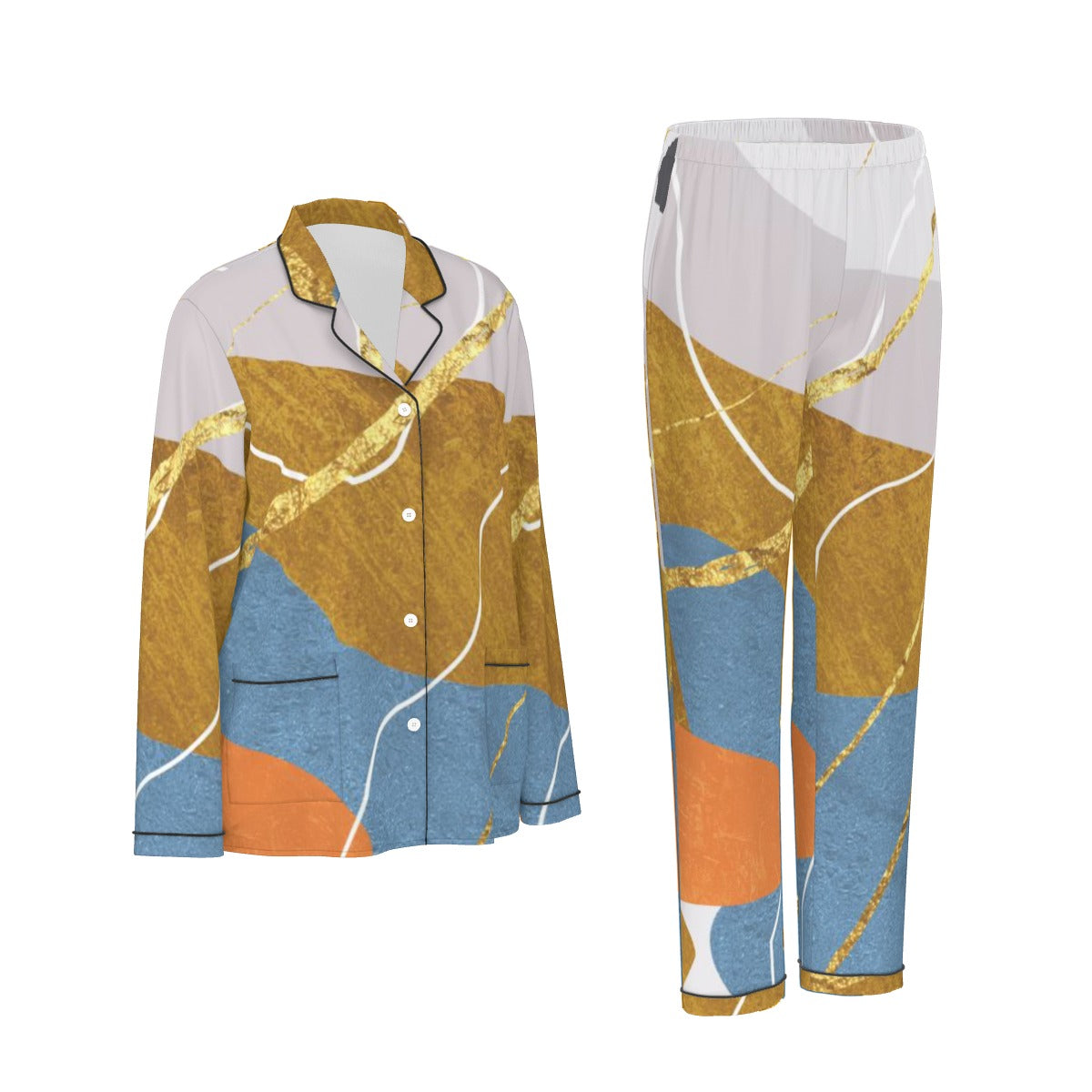 All-Over Print Women's Long Sleeve Pajama Set With Black Contrast Piping