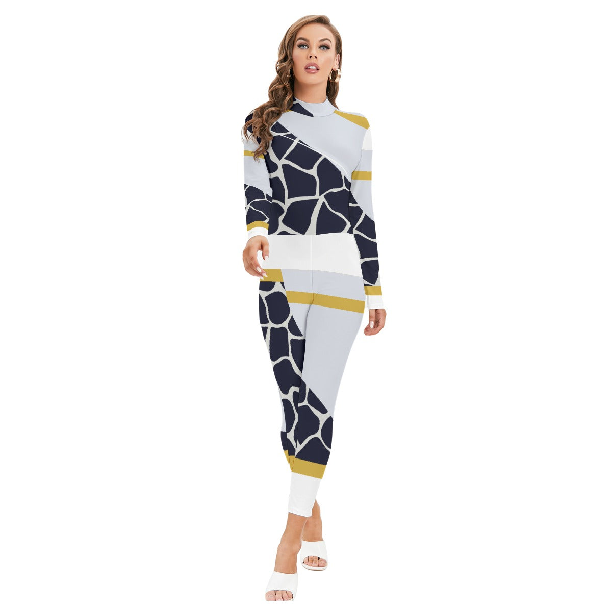 All-Over Print Women's Long-sleeved High-neck Jumpsuit With Zipper