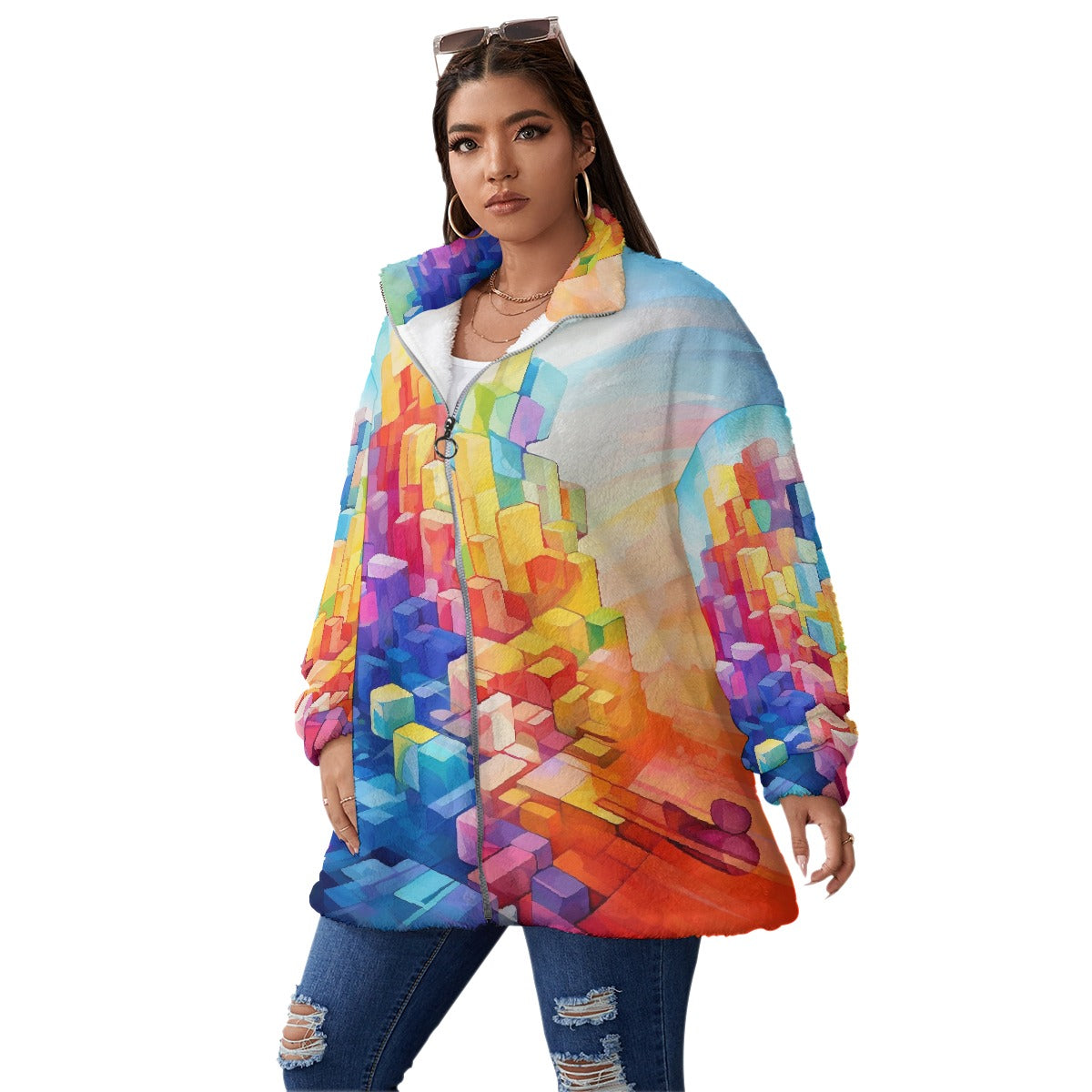 All-Over Print Unisex Borg Fleece Stand-up Collar Coat With Zipper Closure(Plus Size)