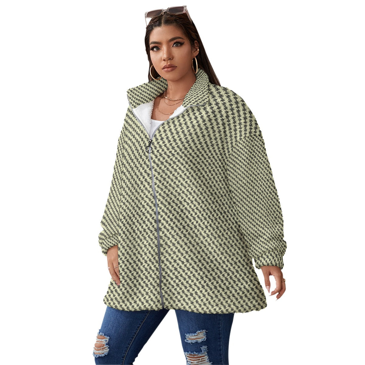 All-Over Print Unisex Borg Fleece Stand-up Collar Coat With Zipper Closure(Plus Size)