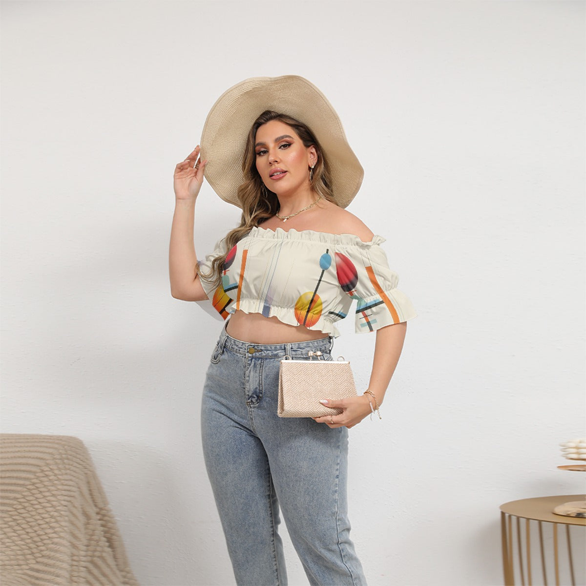 All-Over Print Women's Off-shoulder Cropped Top With Short Puff Sleeve