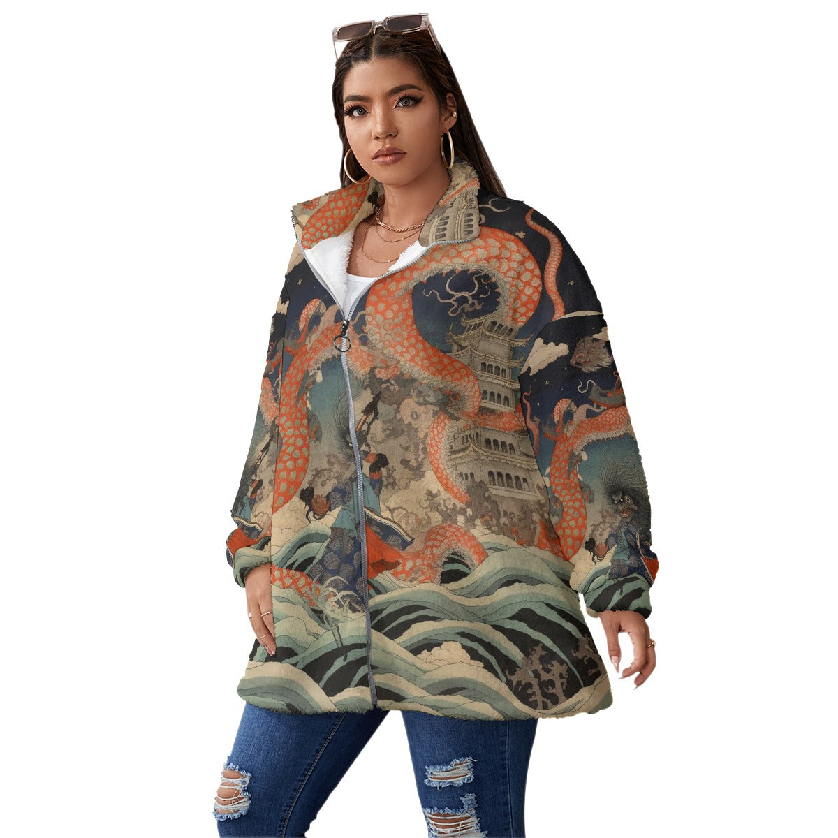 All-Over Print Unisex Borg Fleece Stand-up Collar Coat With Zipper Closure(Plus Size)