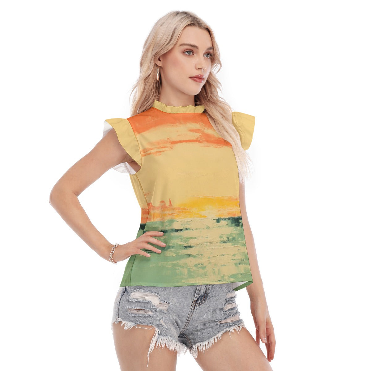 All-Over Print Women's Blouse With Ruffle Collar And Sleeve