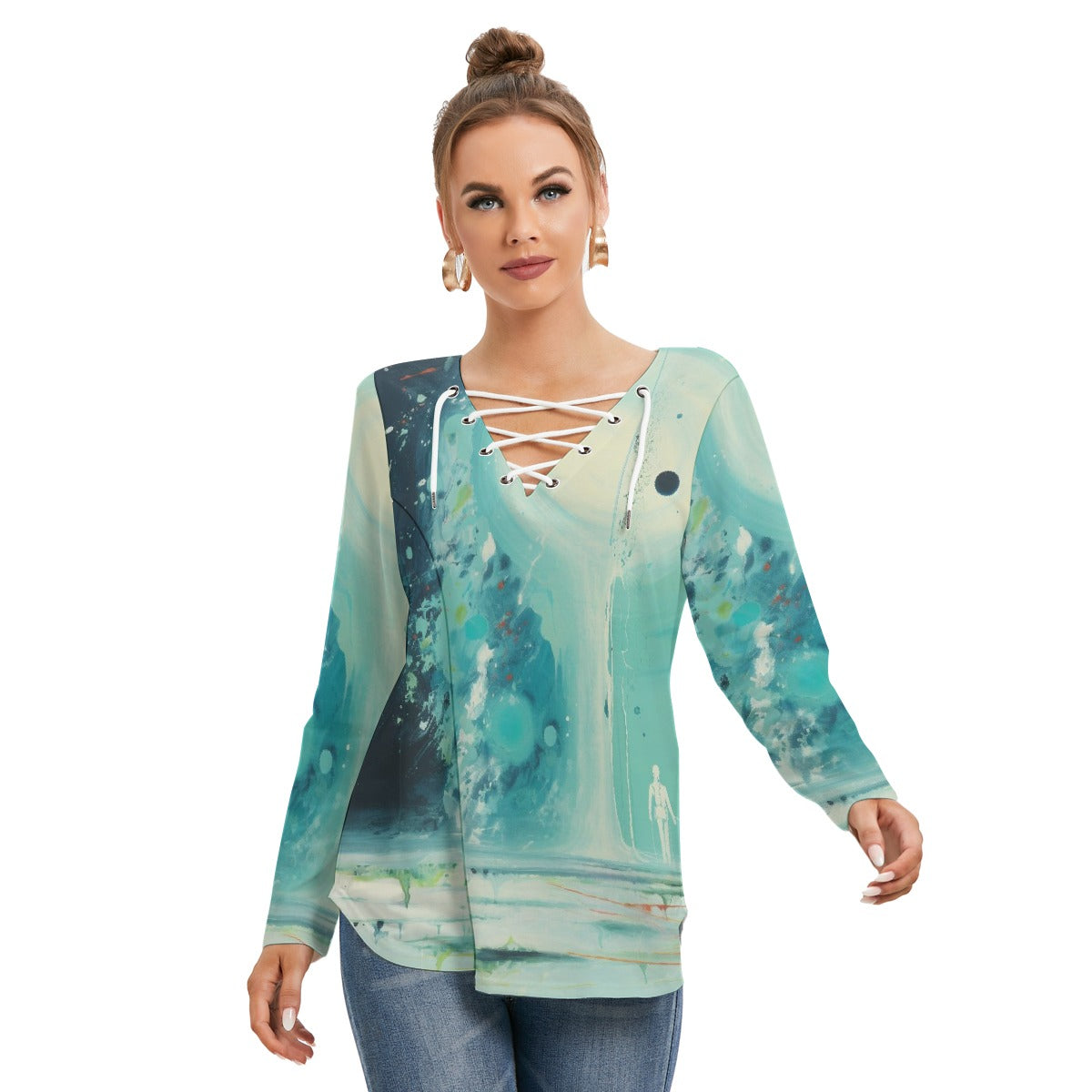 All-Over Print Women's Long Sleeve Neckline Tie Sweatshirt
