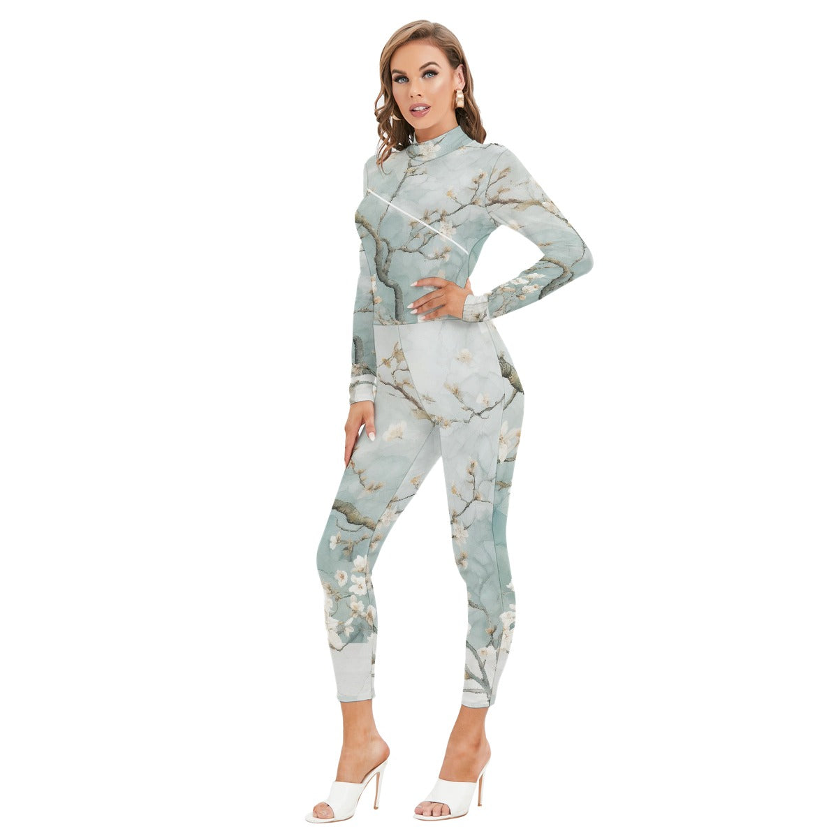 All-Over Print Women's Long-sleeved High-neck Jumpsuit With Zipper