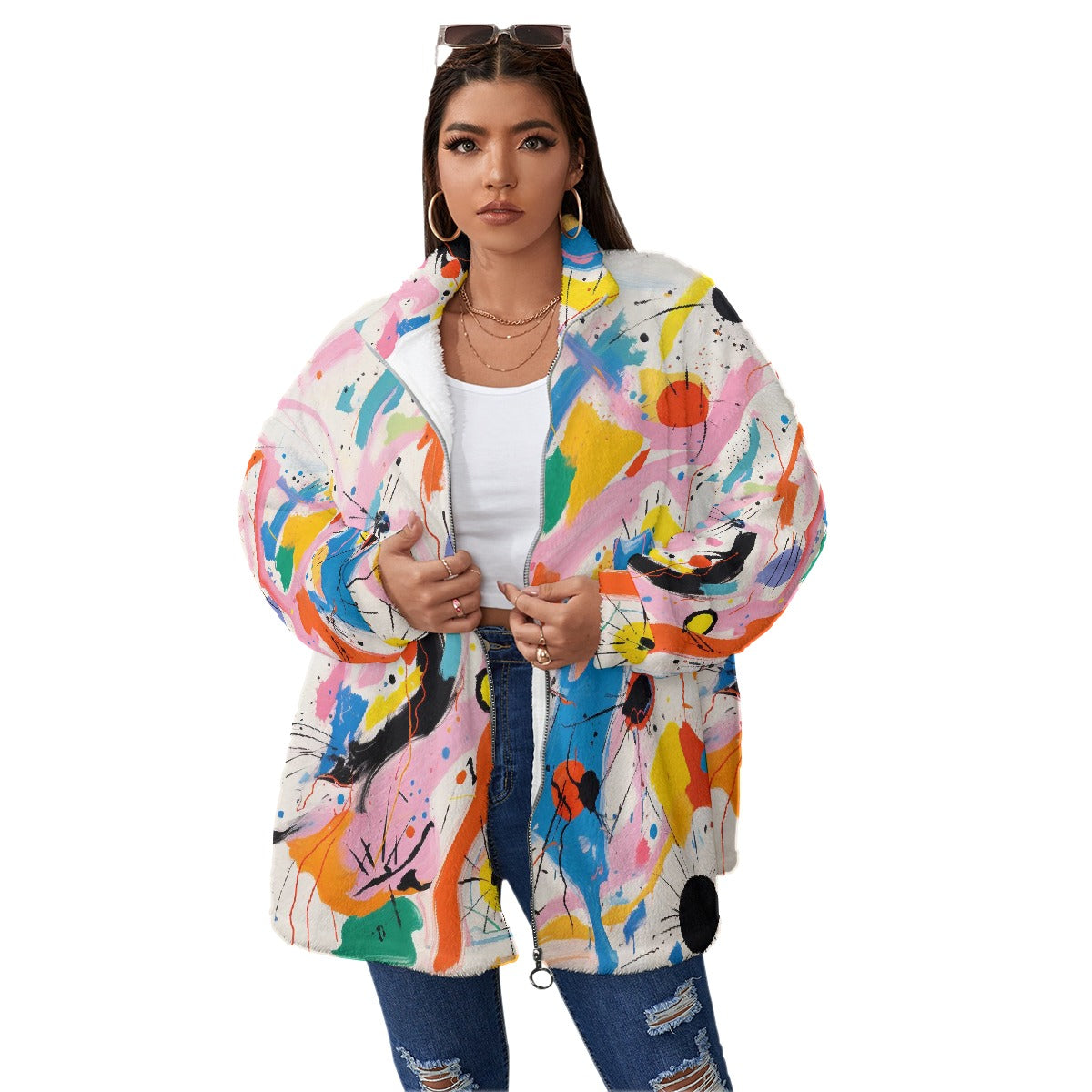All-Over Print Unisex Borg Fleece Stand-up Collar Coat With Zipper Closure(Plus Size)
