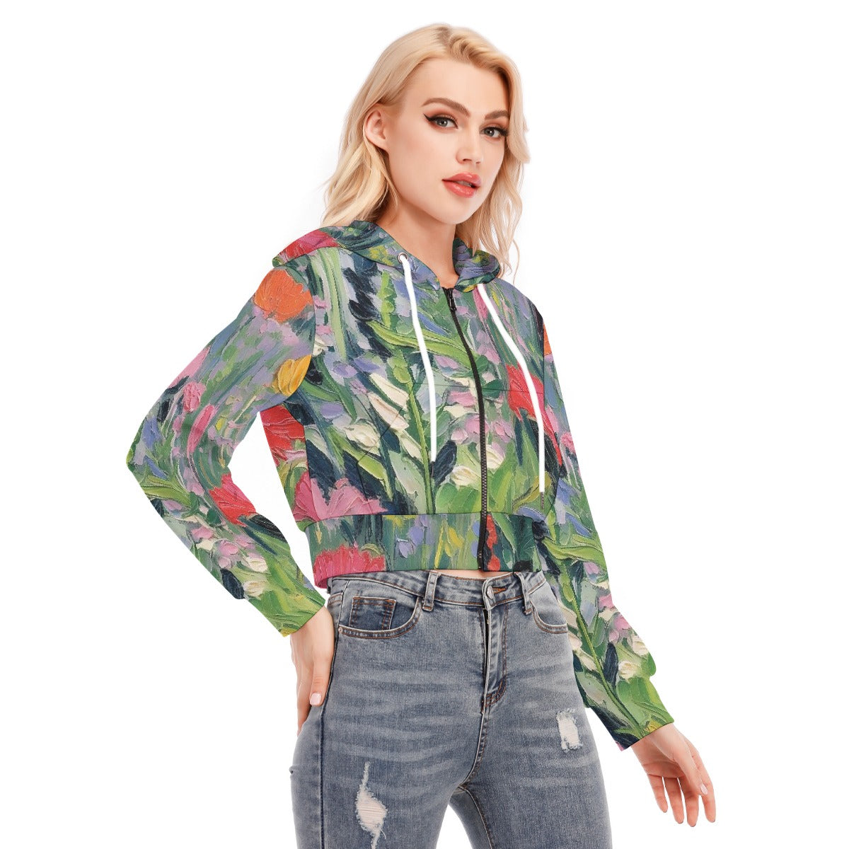 All-Over Print Women's Crop Top Hoodie With Zipper Closure
