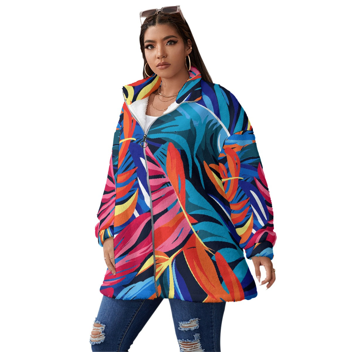 All-Over Print Unisex Borg Fleece Stand-up Collar Coat With Zipper Closure(Plus Size)