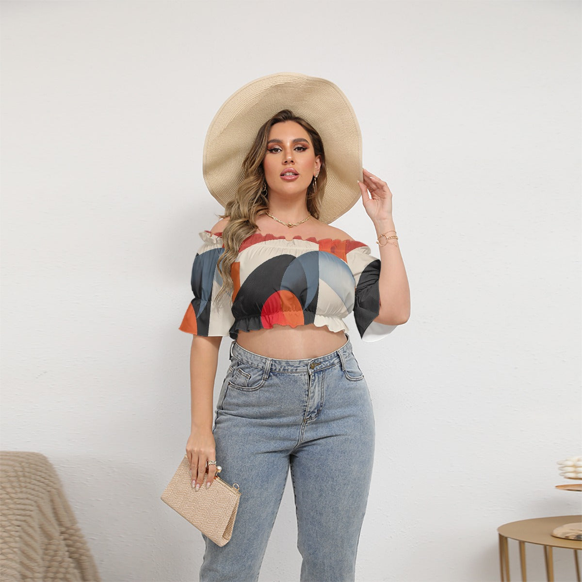 All-Over Print Women's Off-shoulder Cropped Top With Short Puff Sleeve