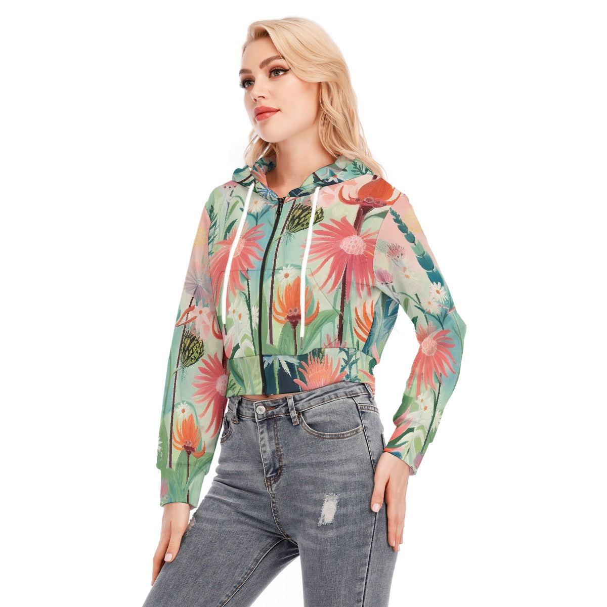 All-Over Print Women's Crop Top Hoodie With Zipper Closure
