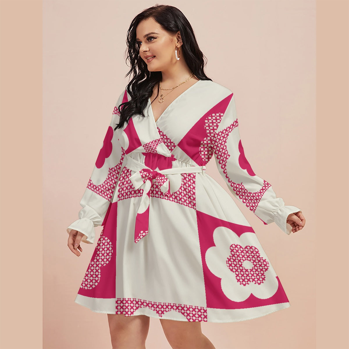 All-Over Print Women's V-neck Dress With Waistband(Plus Size)