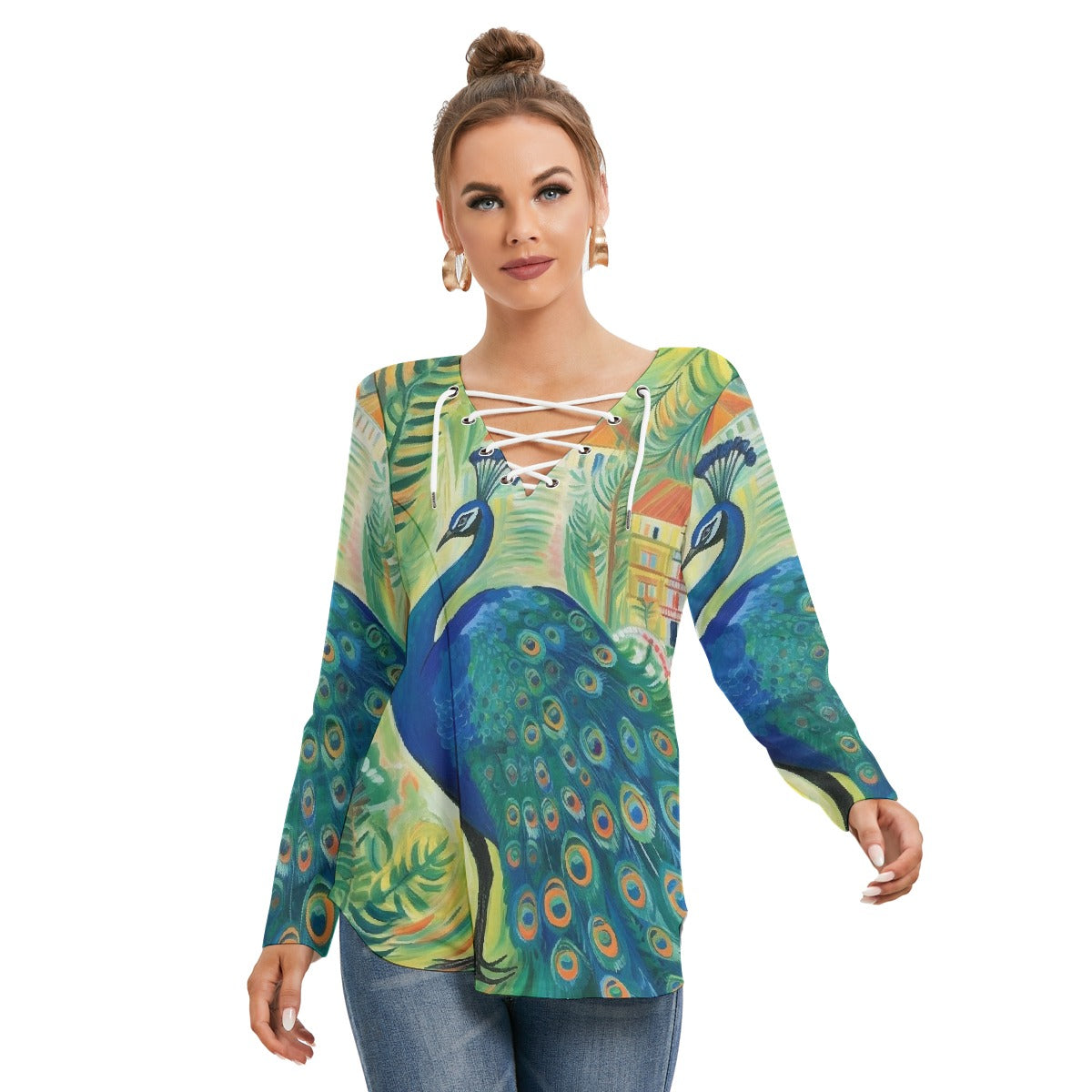 All-Over Print Women's Long Sleeve Neckline Tie Sweatshirt