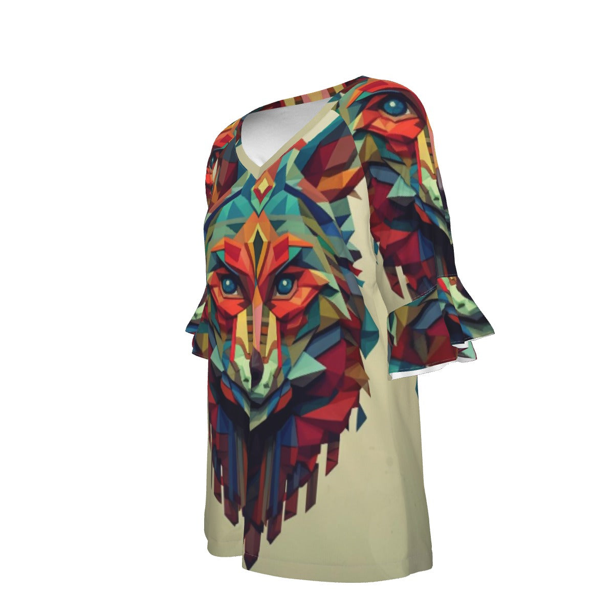 All-Over Print V-neck Women's T-shirt With Bell Sleeve