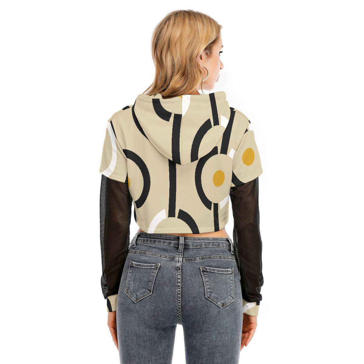 All-Over Print Women's Fake Two-piece Mesh Sleeve Cropped Hoodie