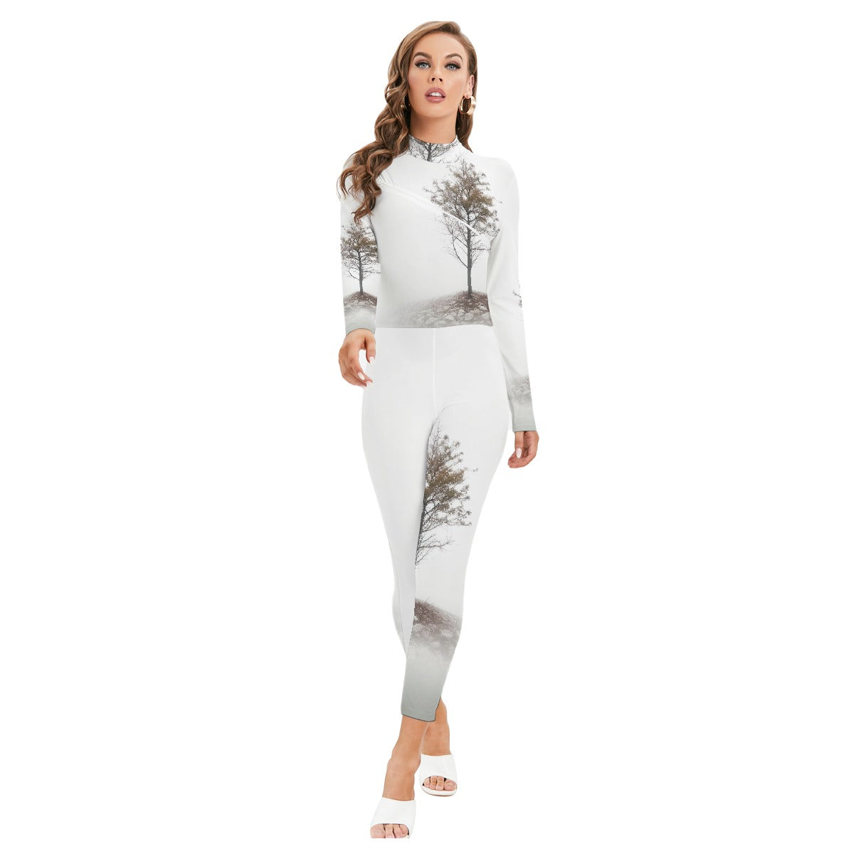 All-Over Print Women's Long-sleeved High-neck Jumpsuit With Zipper