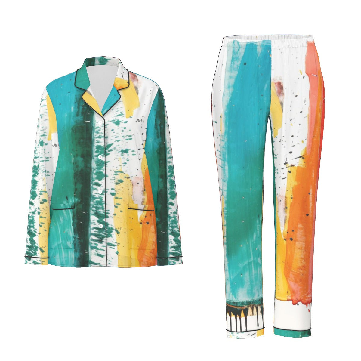 All-Over Print Women's Long Sleeve Pajama Set With Black Contrast Piping