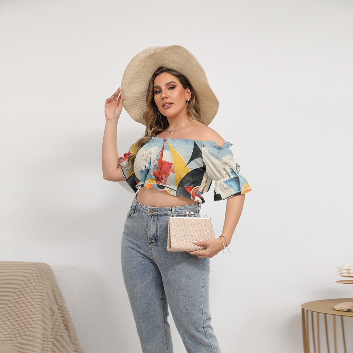 All-Over Print Women's Off-shoulder Cropped Top With Short Puff Sleeve