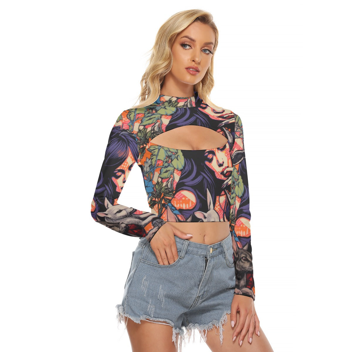 All-Over Print Women's Hollow Chest Keyhole Tight Crop Top