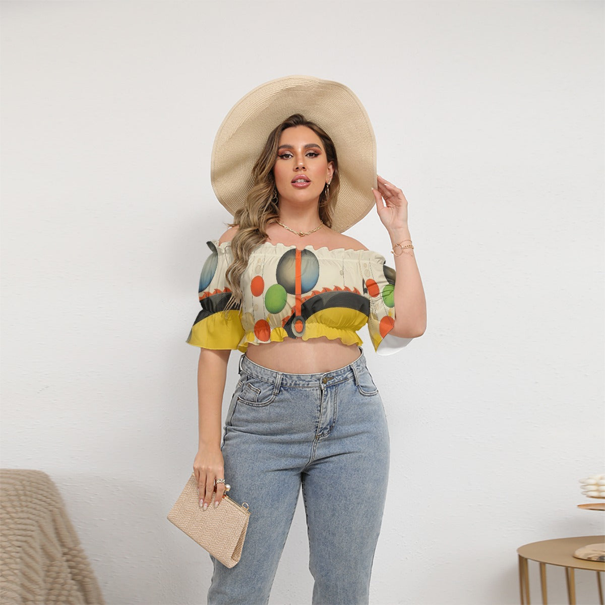 All-Over Print Women's Off-shoulder Cropped Top With Short Puff Sleeve