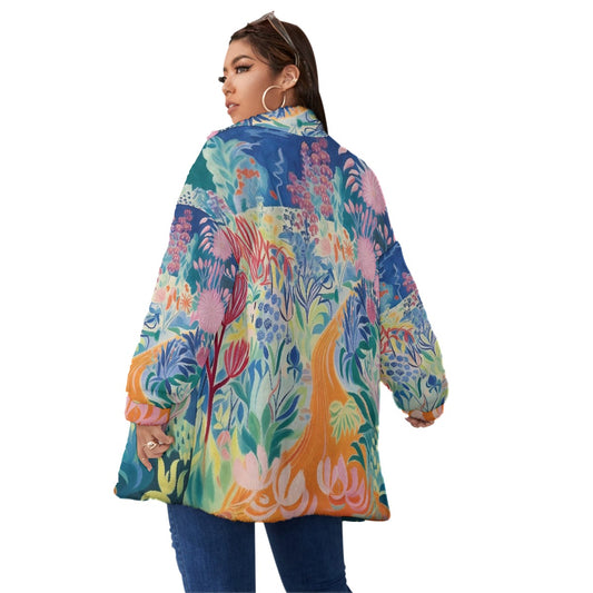 All-Over Print Unisex Borg Fleece Stand-up Collar Coat With Zipper Closure(Plus Size)