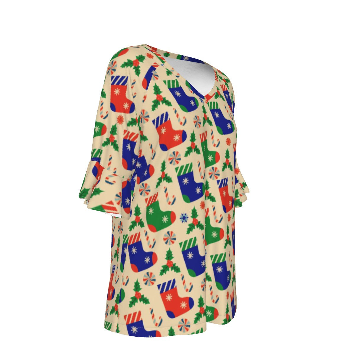 All-Over Print V-neck Women's T-shirt With Bell Sleeve