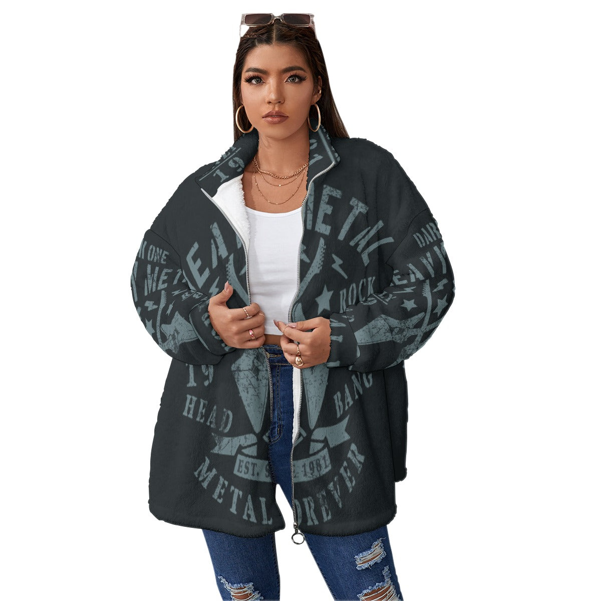 All-Over Print Unisex Borg Fleece Stand-up Collar Coat With Zipper Closure(Plus Size)