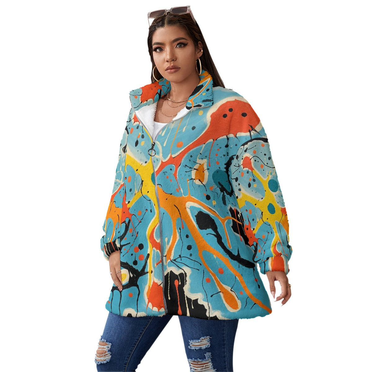 All-Over Print Unisex Borg Fleece Stand-up Collar Coat With Zipper Closure(Plus Size)