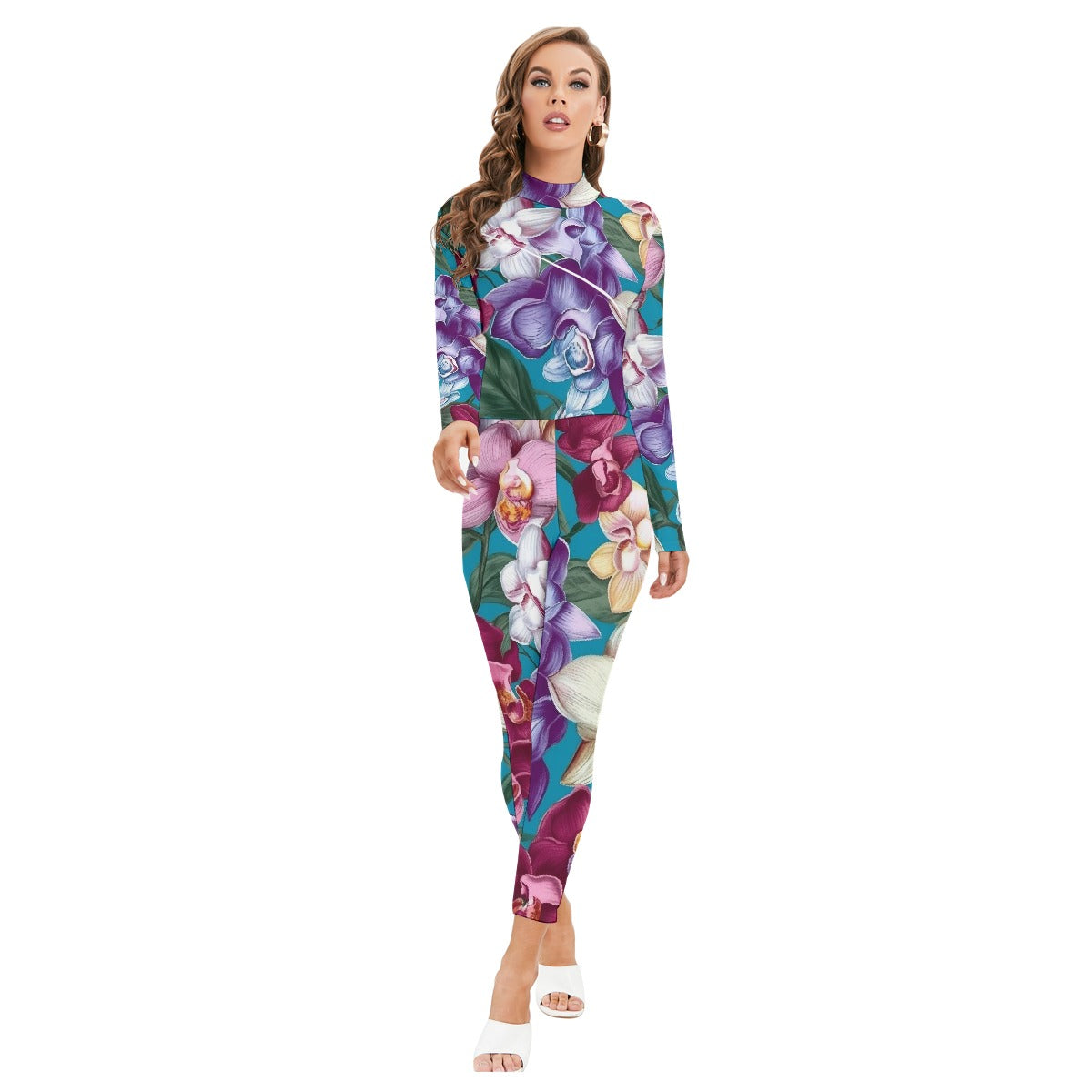All-Over Print Women's Long-sleeved High-neck Jumpsuit With Zipper