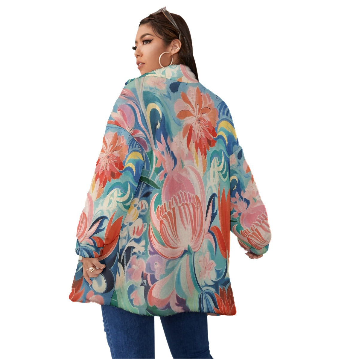 All-Over Print Unisex Borg Fleece Stand-up Collar Coat With Zipper Closure(Plus Size)