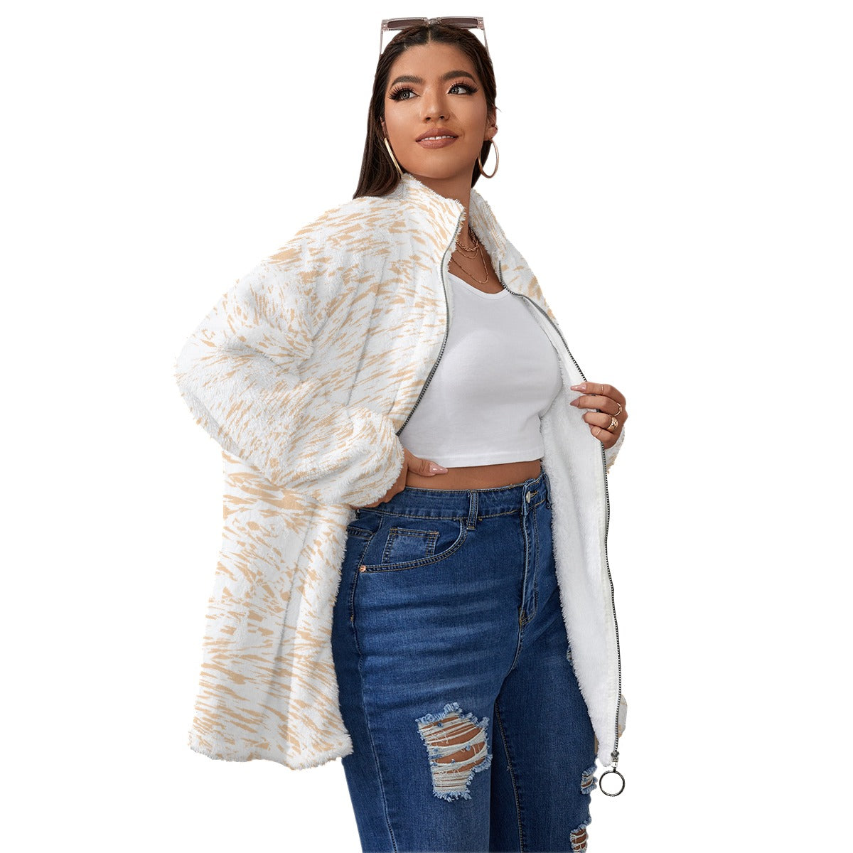 All-Over Print Unisex Borg Fleece Stand-up Collar Coat With Zipper Closure(Plus Size)