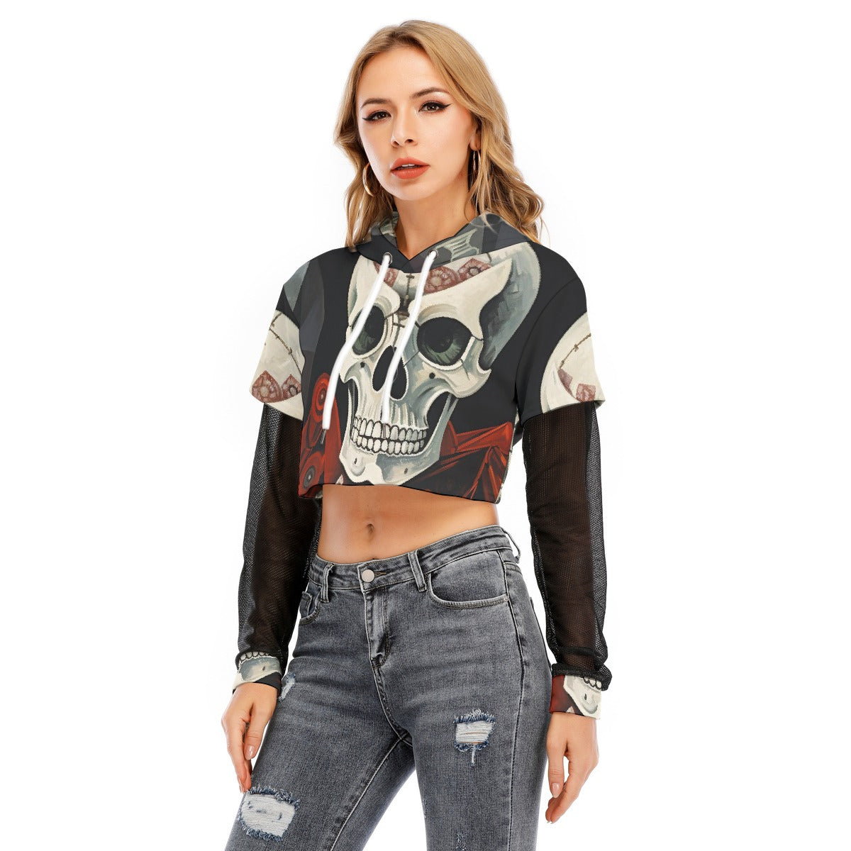 All-Over Print Women's Fake Two-piece Mesh Sleeve Cropped Hoodie