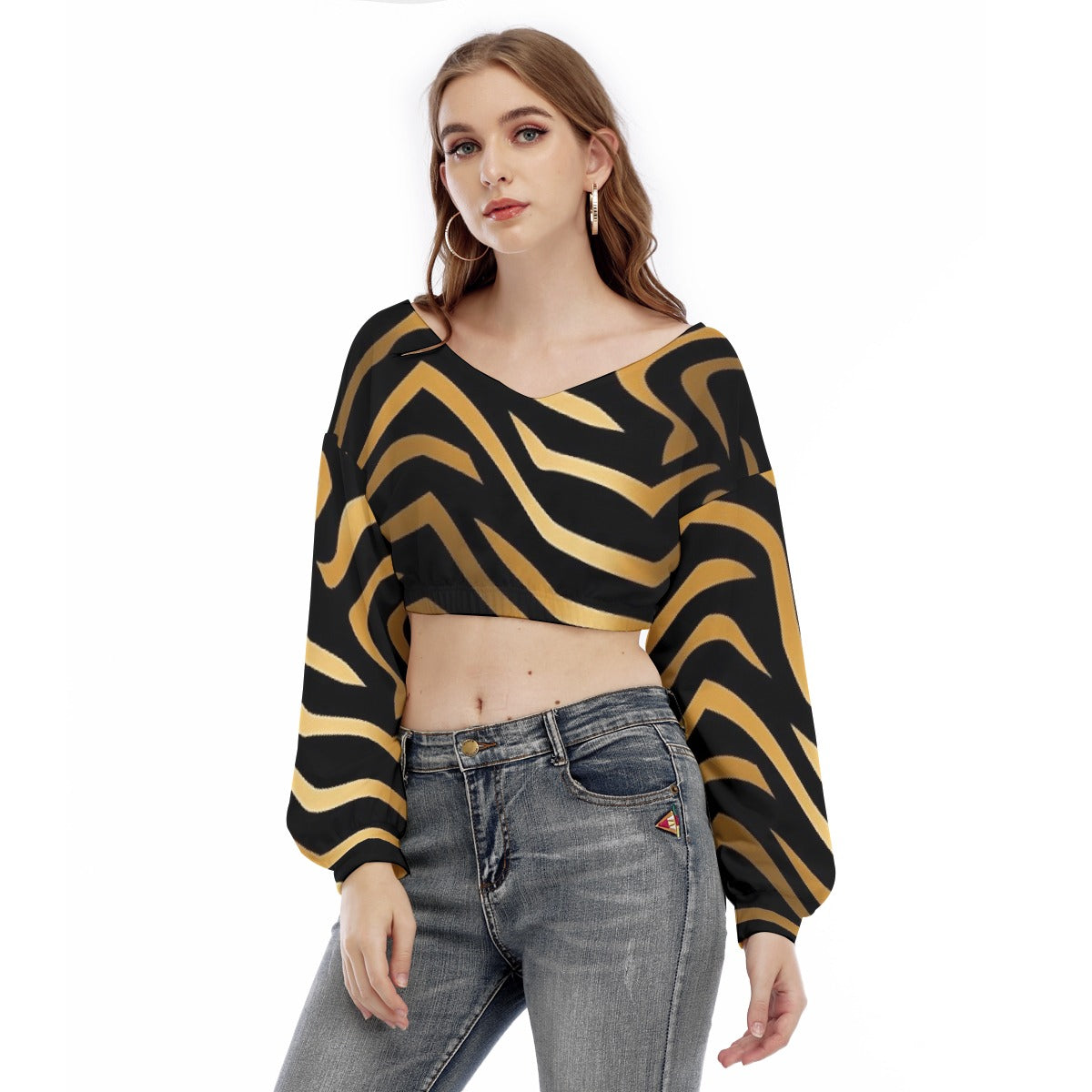 All-Over Print Women's V-neck Long Sleeve Cropped Sweatshirt