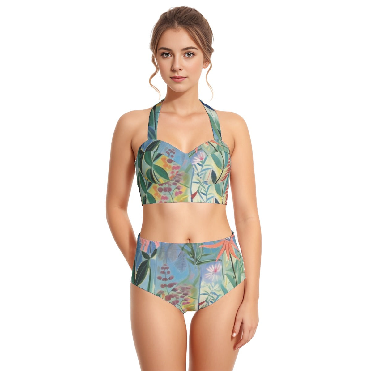 All-Over Print Women's Swimsuit Set With Halter