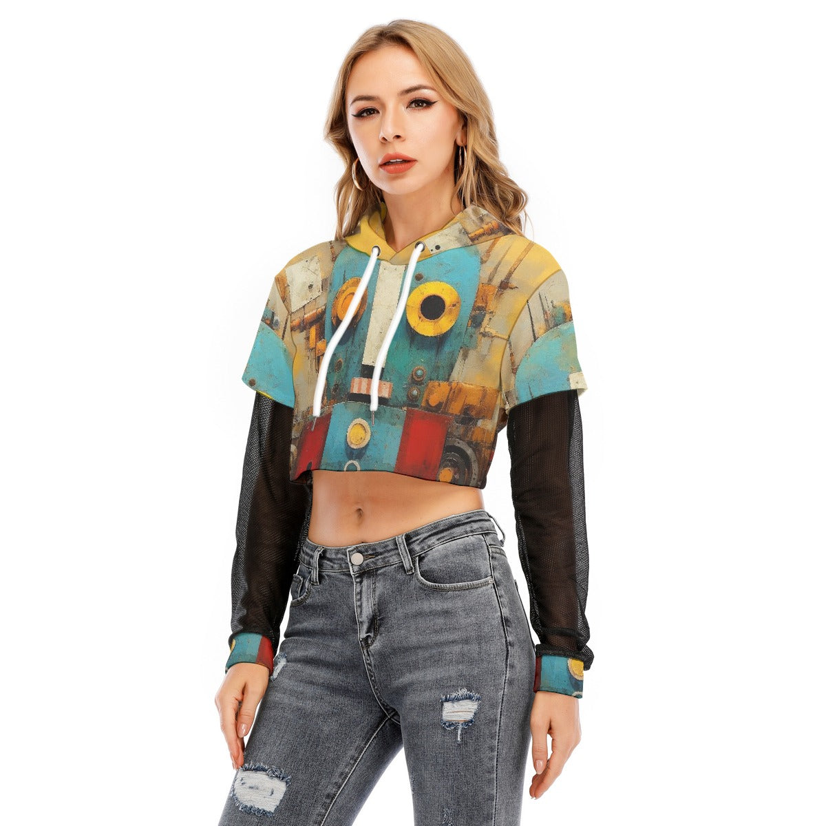 All-Over Print Women's Fake Two-piece Mesh Sleeve Cropped Hoodie