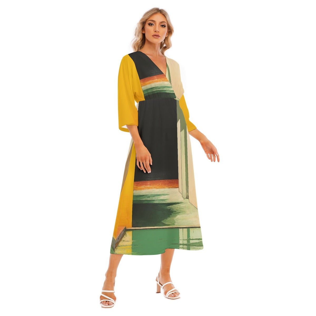 All-Over Print Women's Mid-Sleeve Long Dress