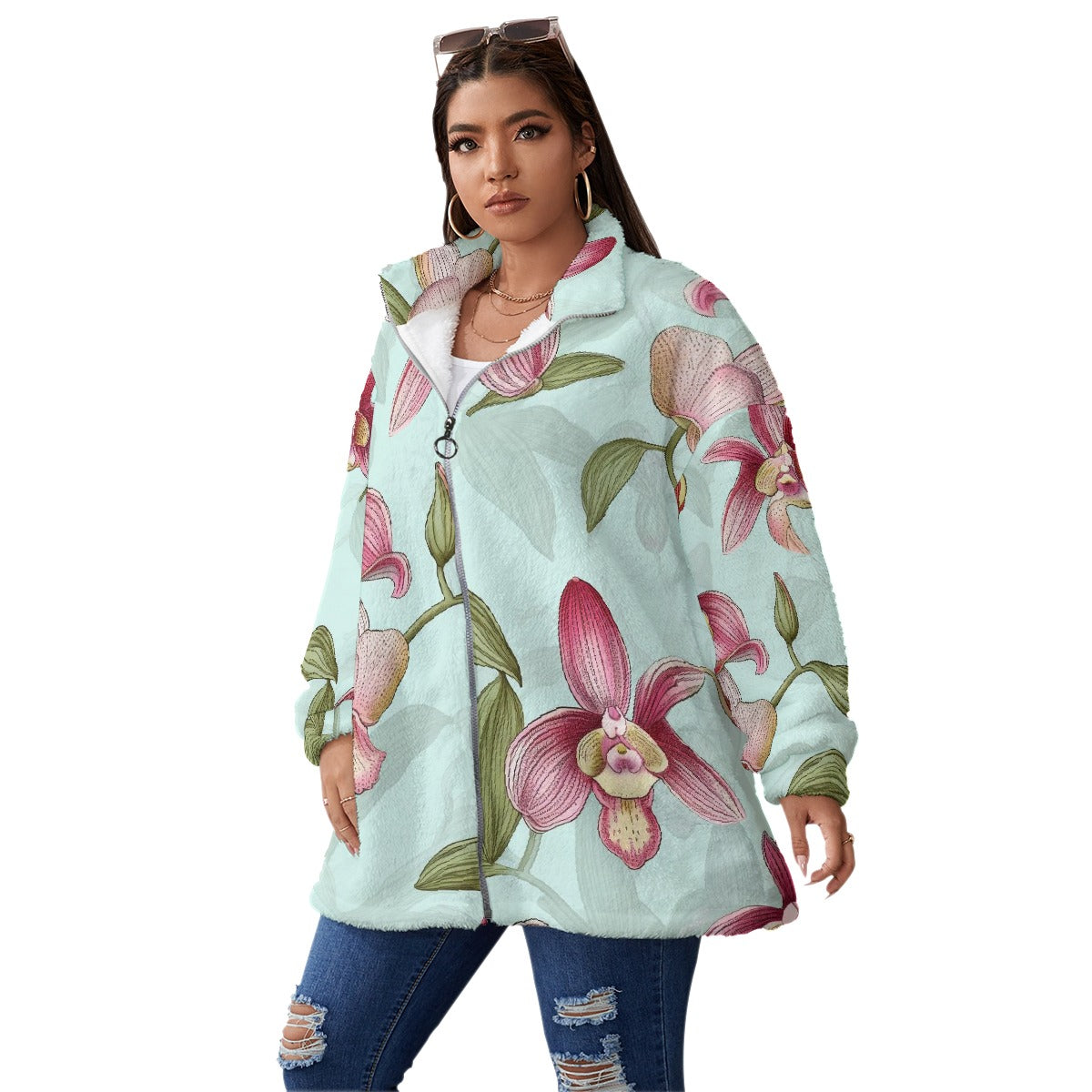 All-Over Print Unisex Borg Fleece Stand-up Collar Coat With Zipper Closure(Plus Size)