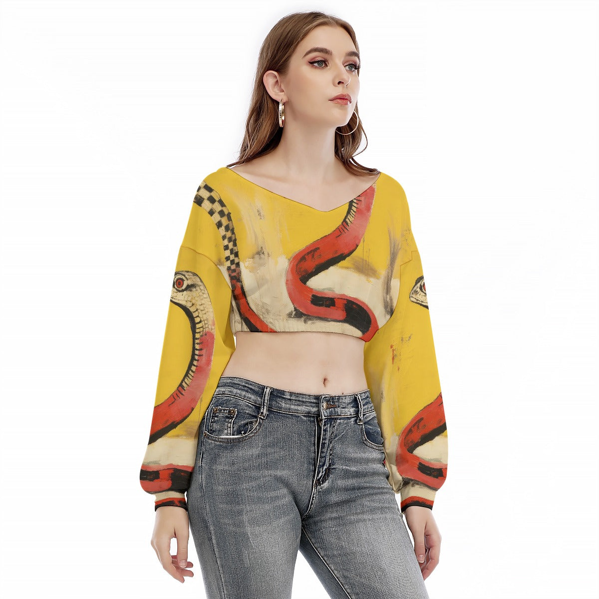 All-Over Print Women's V-neck Long Sleeve Cropped Sweatshirt