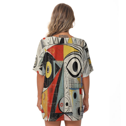 All-Over Print Women's Bat Sleeves V-Neck Blouse