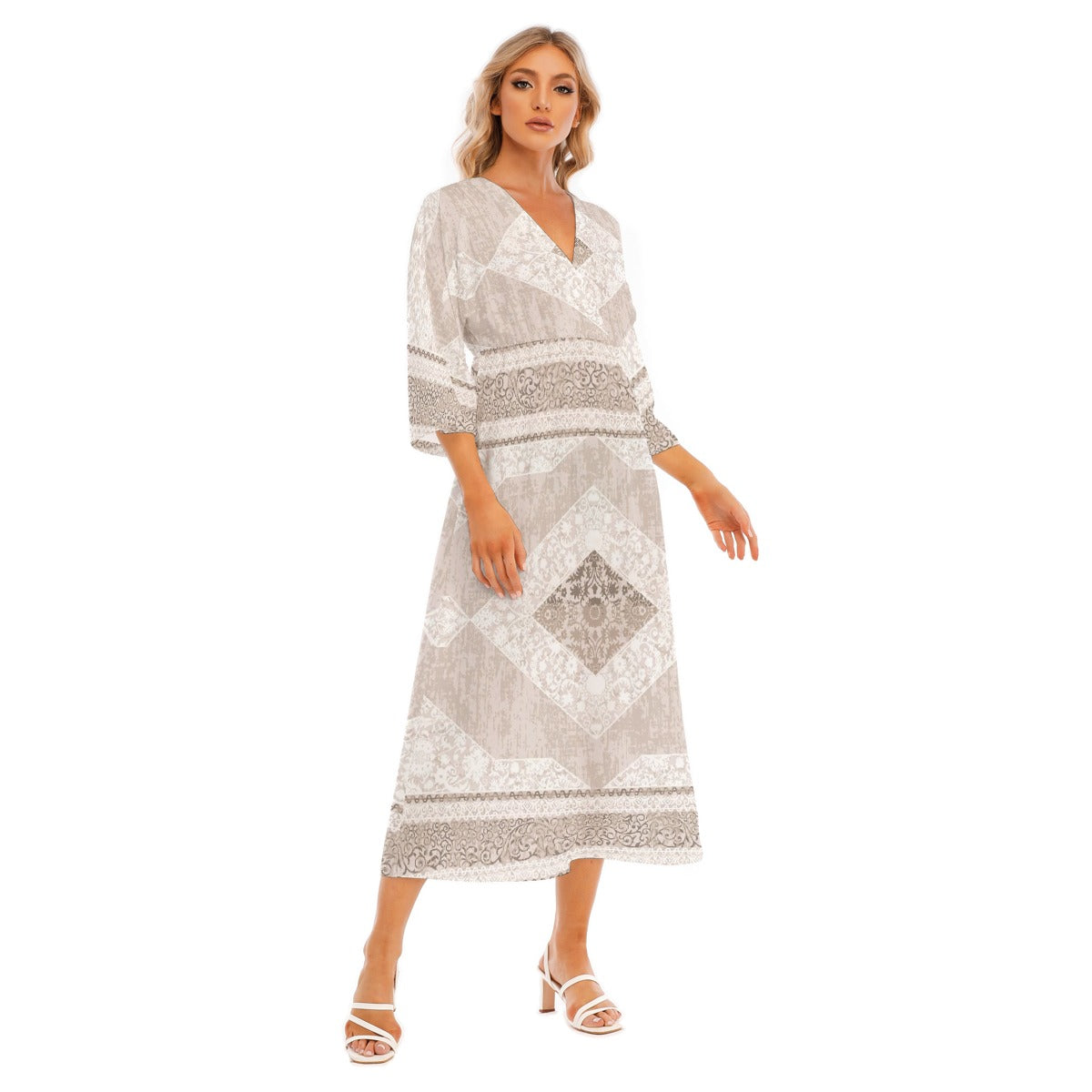 All-Over Print Women's Mid-Sleeve Long Dress