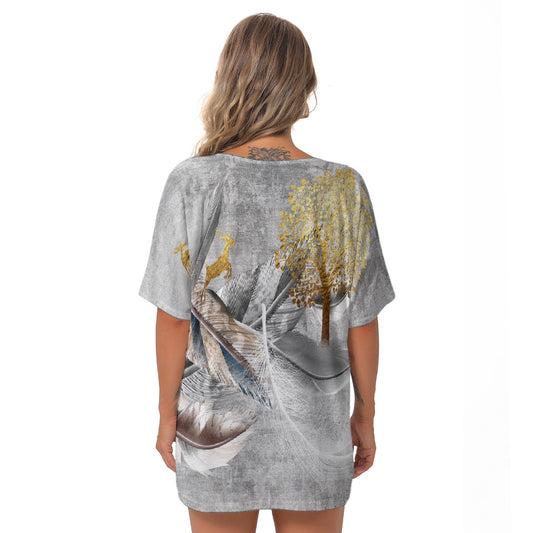 All-Over Print Women's Bat Sleeves V-Neck Blouse