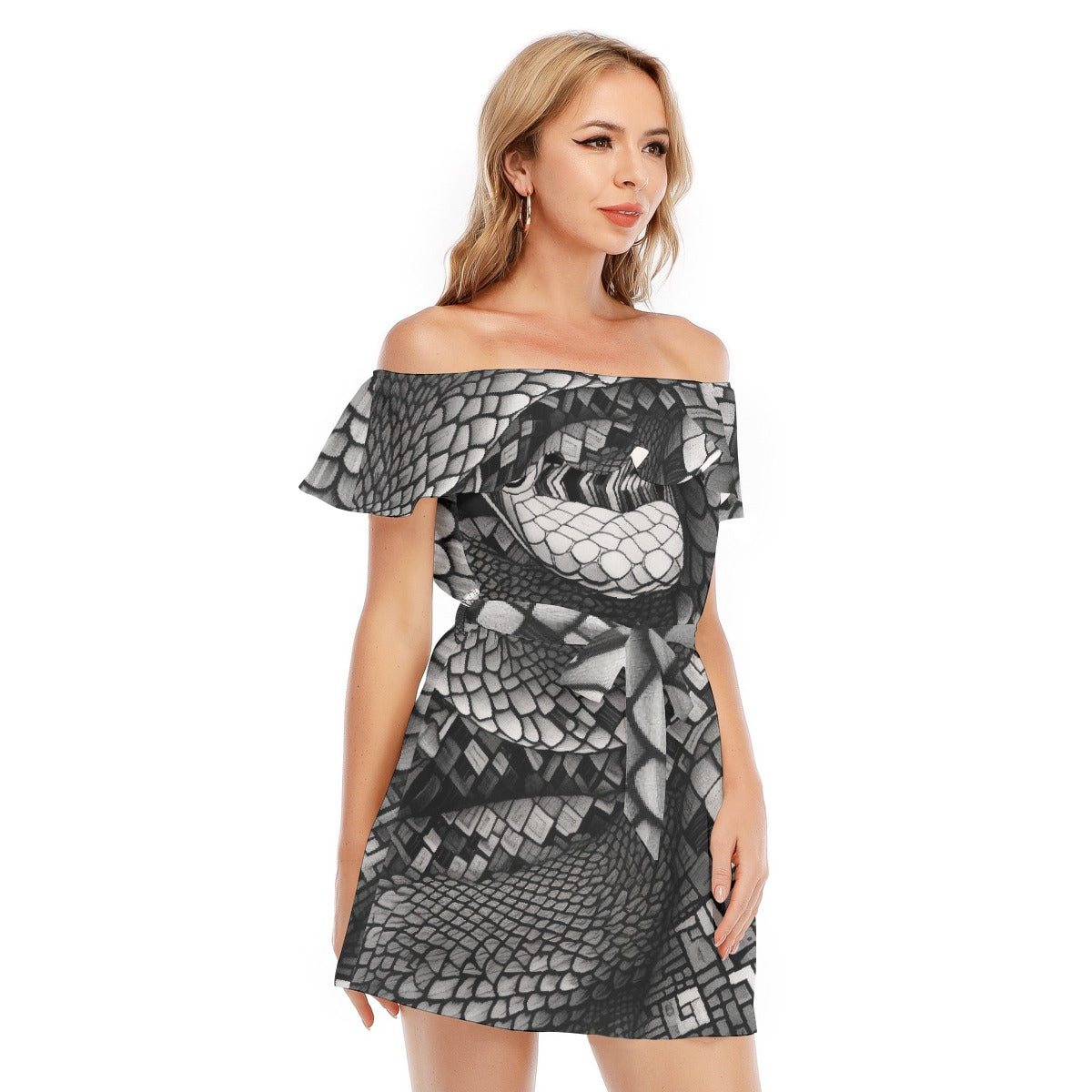 All-Over Print Women's Off-shoulder Dress With Ruffle